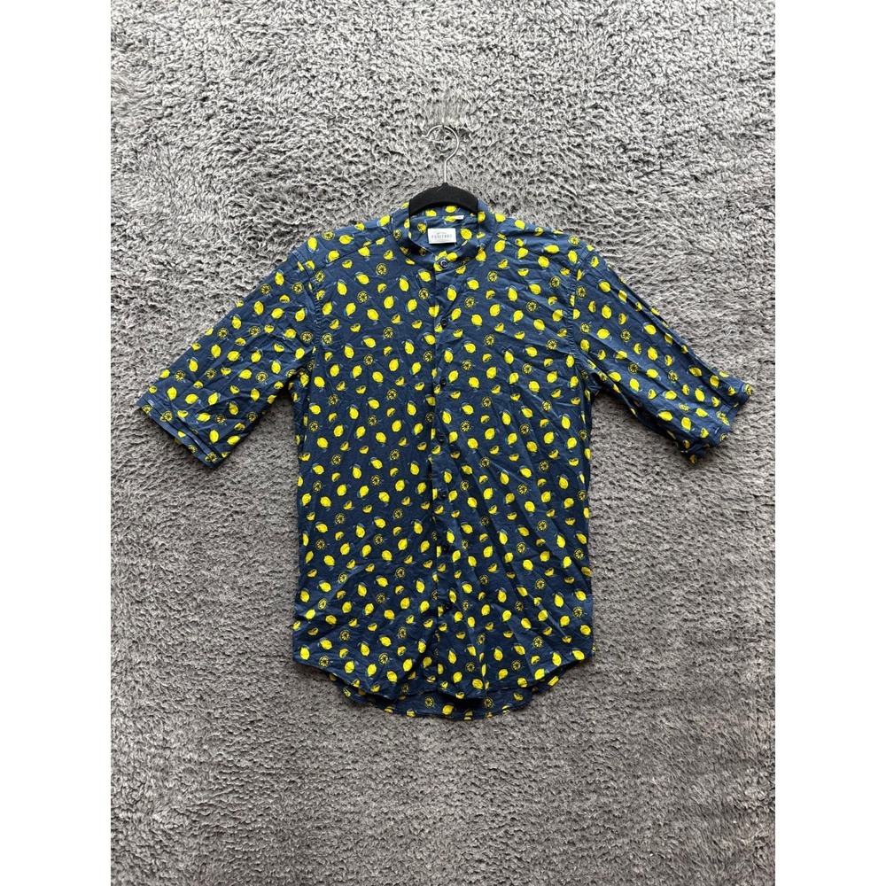 Bottega Positano Lemon Print Short Sleeve Casual Shirt Navy Blue Mens Size S